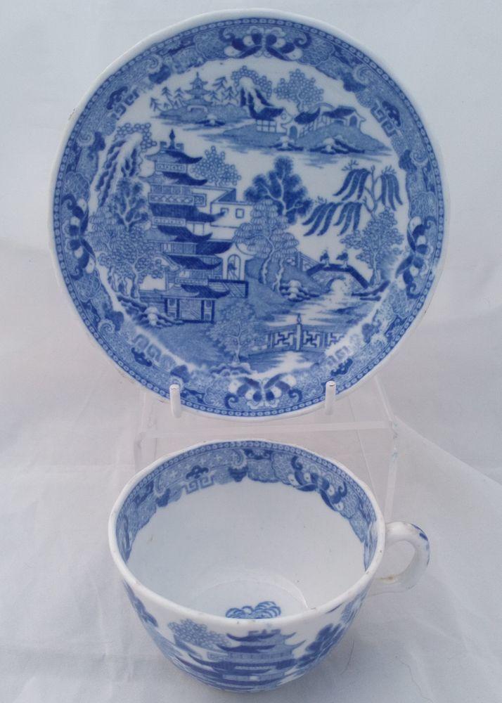 Bute Shape Porcelain Cup and Saucer Blue and White Broseley Pattern Miles Mason type c 1810