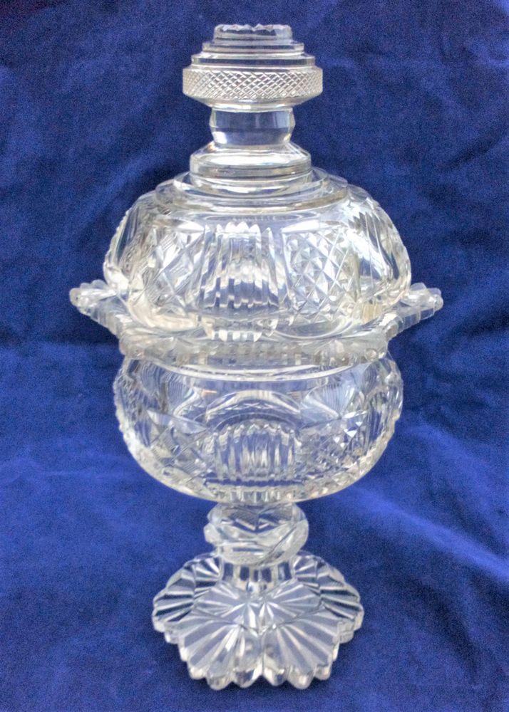 Cut Glass Lidded Sweetmeat Dish Scalloped Rim Faceted Stem Victorian