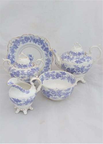Antique English Bone China Pear Shaped Tea Service Printed Grape Vine Lilac c 1855