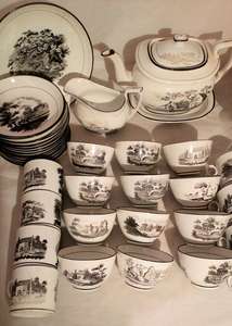 New Hall Porcelain Tea and Coffee Service Bat Printed Rural Landscapes 1063 44 piece Tea Set circa 1815