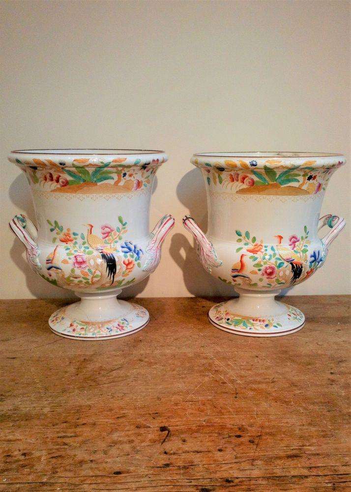 Pair Spode Pottery Campana Ice Pails Wine Coolers Pheasant Pattern 3438 c 1825