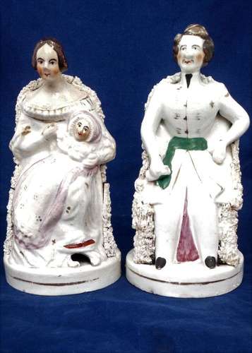 Pair Staffordshire Queen Victoria with Baby and Prince Albert Seated Figurines Antique c 1841