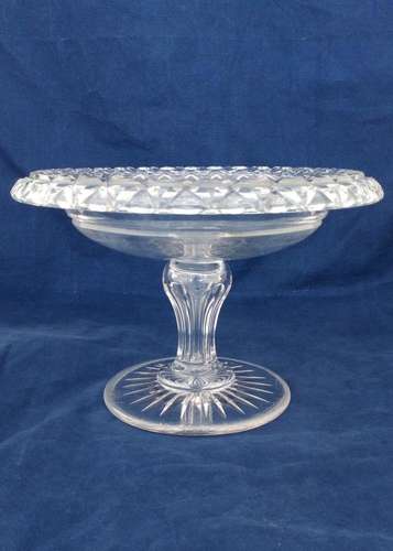 Antique Victorian Turn Over Rim Cut Glass Bowl Comport Compote or Tazza Round Star Cut Foot Hollow Inverted Baluster Facet Cut Stem circa 1850