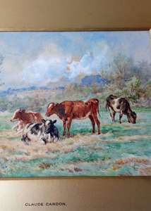 Antique Gilt Framed Glazed and Mounted Claude Cardon Watercolour Painting titled A Summers Day - Cows in a field rural pastoral scene circa 1900