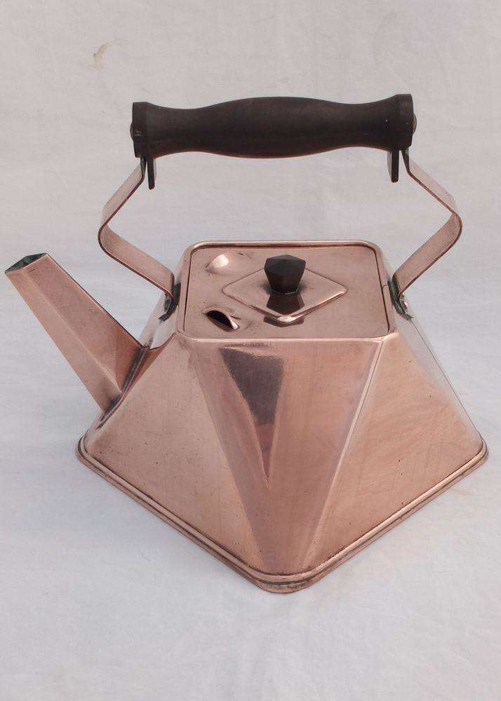 Antique Arts and Crafts Copper Kettle Square Triangular Cubist Shape Christopher Dresser Style circa 1910