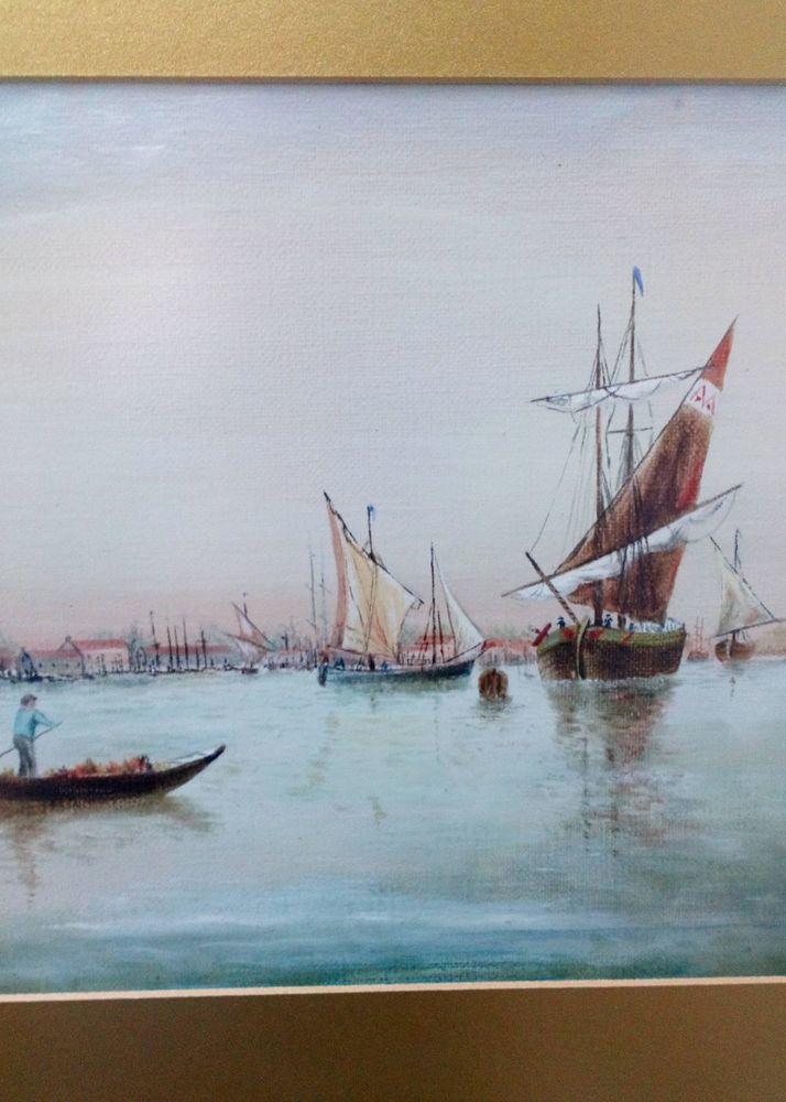 Antique oil painting of a gondola and sailing barges on the Grand Canal in Venice Italy Signed M Aiken Re-Framed Gilt Mounted Early 20th C