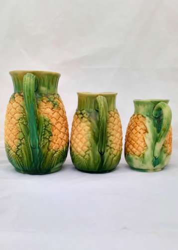 Antique Victorian Majolica Pineapple Jugs Graduated Set of Three Naturalistically Moulded Green and Yellow Glaze  circa 1870