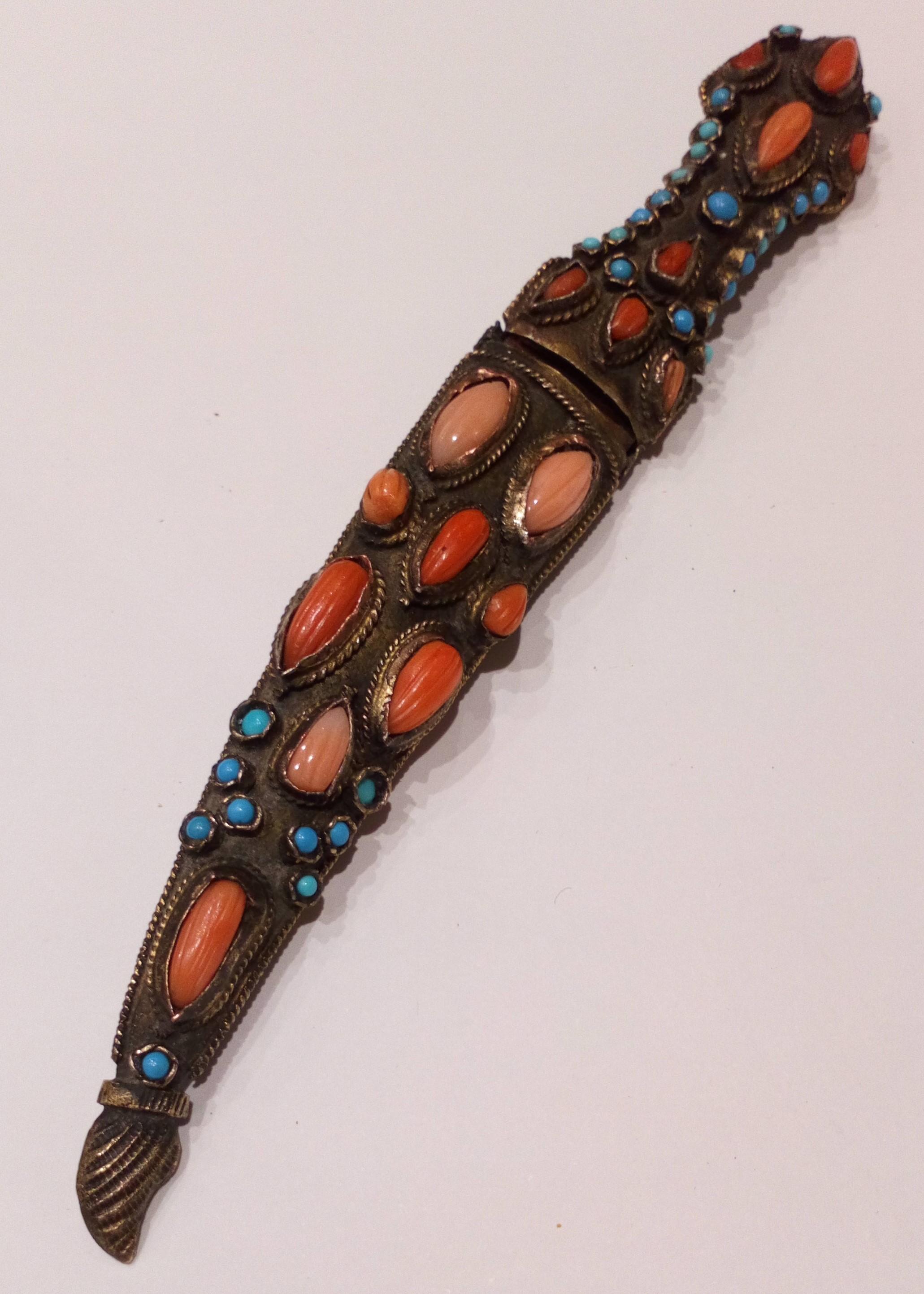 An antique Ottoman Turkish coral and turquoise encrusted ceremonial short dagger with gold damascened koftari blade 19th C