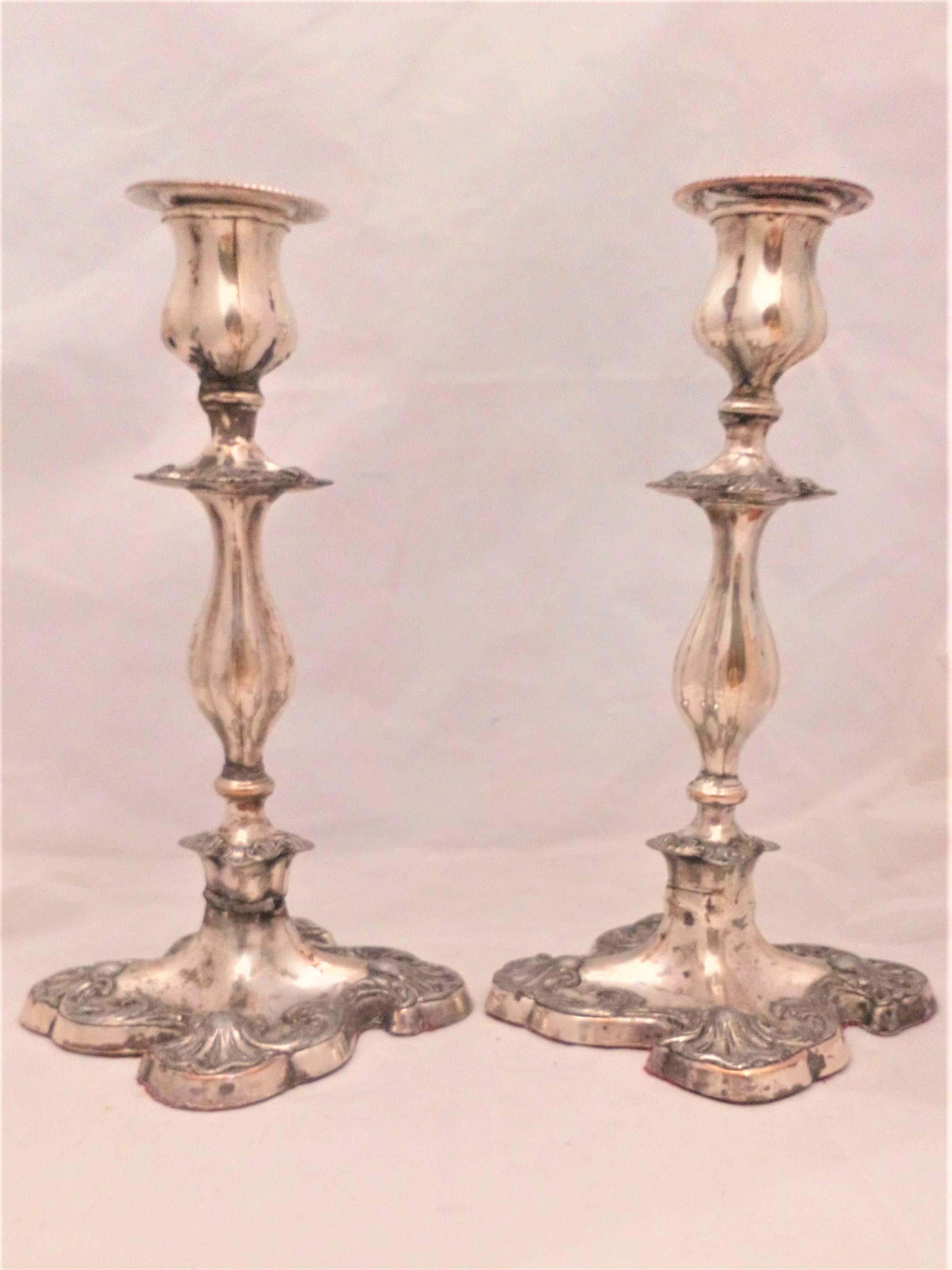 Antique pair of silver plated pair candlesticks shell scrolls rococo revival Victorian circa 1840