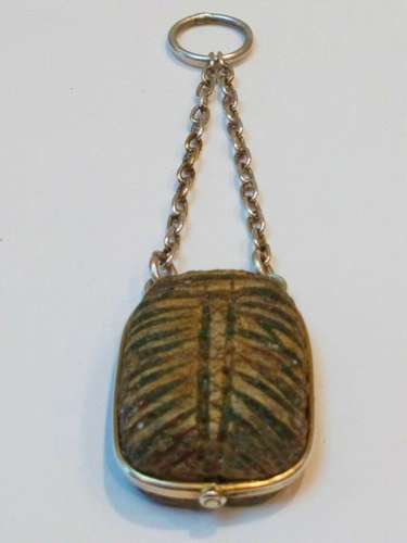 Ancient Egyptian Faience Scaraboid Seal Made Into Chatelaine Fob in 19th C