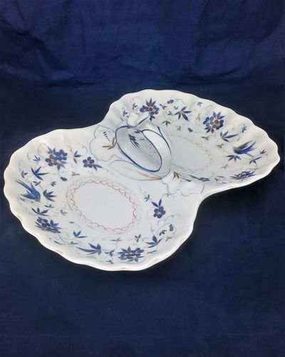 Antique German porcelain hors d'ouevres dish with loop handle decorted with blue flowrs and birds with gided highlights. Marked on the base KPM for Krister Porzellan-Manufaktur of Waldenburg circa 1860.