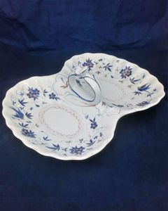 Antique German porcelain hors d'ouevres dish with loop handle decorted with blue flowrs and birds with gided highlights. Marked on the base KPM for Krister Porzellan-Manufaktur of Waldenburg circa 1860.
