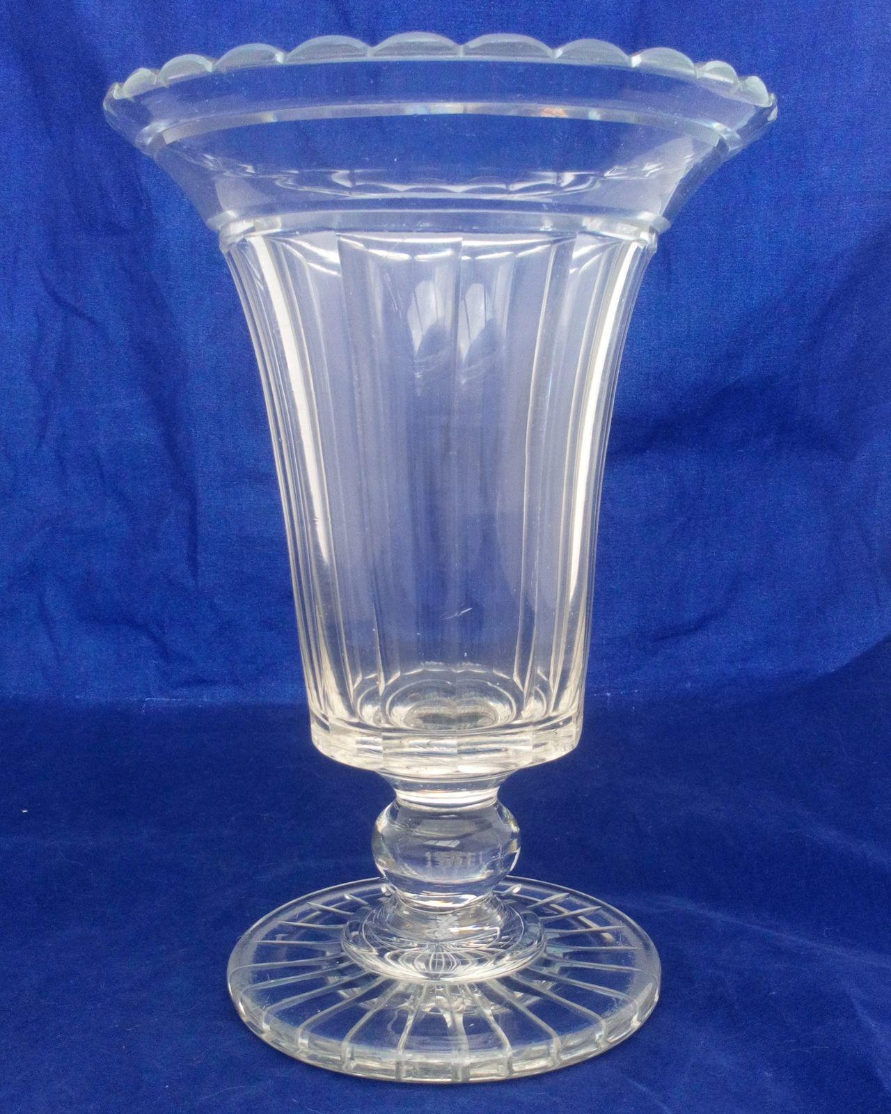 Antique Victorian large glass celery Vase with a scallop cut everted rimed rim, a panel cut bucket shaped bowl on a ball knopped stem and plain star cut foot, circa 1860.
