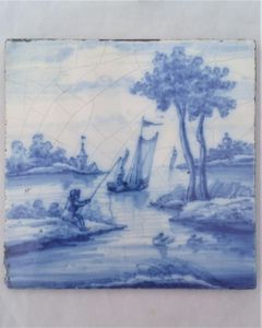 Antique 18thC Dutch Delft Tile Blue and White Fisherman and Boat Riverscape