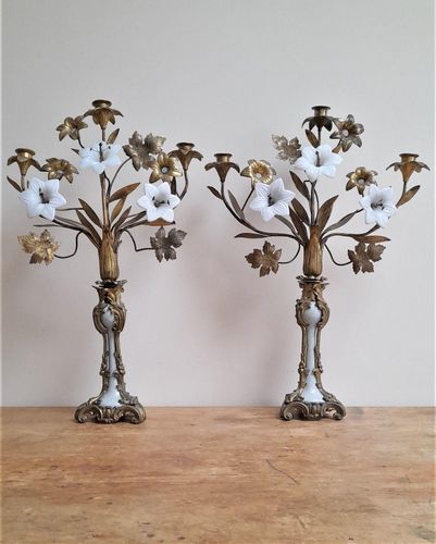 An antique pair of French gilded bronze or ormolu three branch church Candelabra with bronze and opaline glass flowers circa 1870.