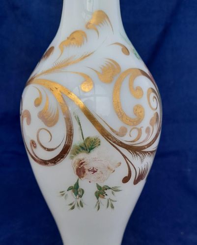 Antique Bohemian opaline opaque white glass vase painted pink roses and gilded feather like leaf decoration circa 1860. 25 cm high 8 cm diameter, weighs 968 grammes unapacked.