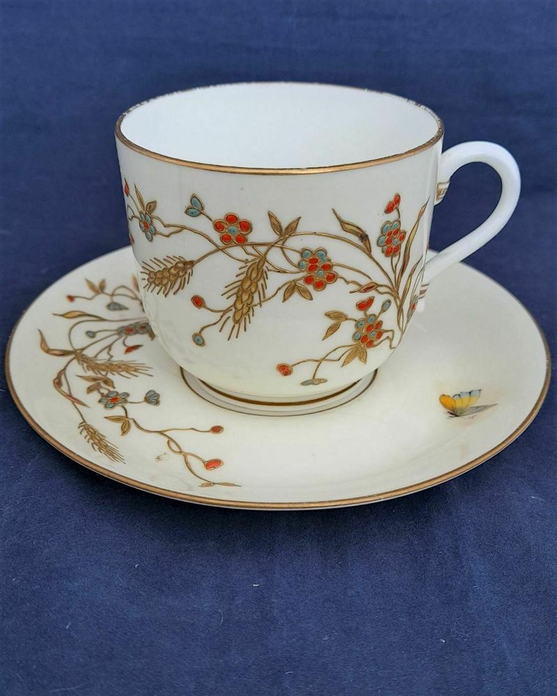 Antique Aesthetic Movement Moore Brothers Cup Saucer & Plates Set Gilded & Hand Painted with Jewelled Flowers Grasses and Butterflies circa 1875