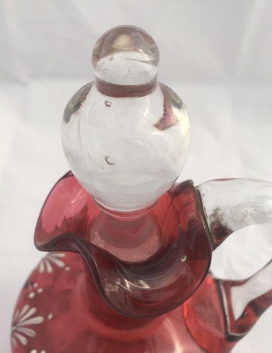 Bohemian Cranberry Glass Claret Jug Decanter Hand Painted Enamels Antique 1880
