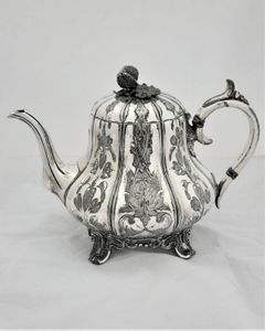 James Dixon silver plated Gourd shaped tea pot with engraved floral design scroll spout & handle cast melon knob - antique early Victorian c 1850 2 1/4 pint capacity
