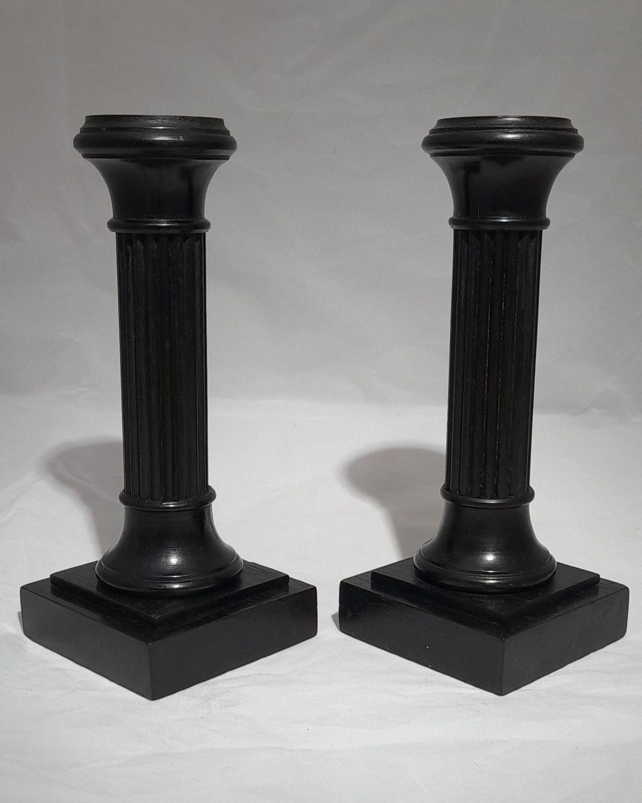 Pair of antique Edwardian Ebony ribbed Doric column wooden candlesticks 6 inches high circa 1905