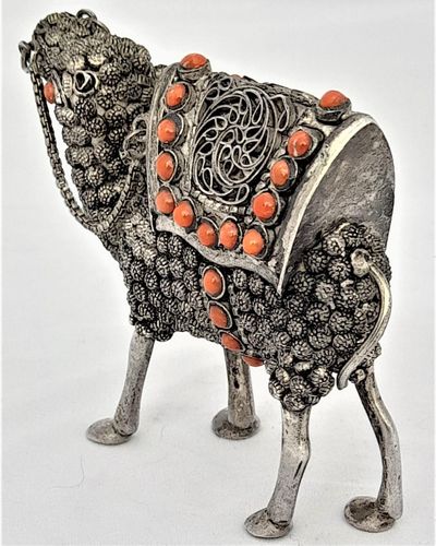 Vintage Sterling silver & coral dromedary camel ornament with mahawi possibly North Arabian - stamped 925 - 7 cm high 8 cm long weight 90 grammes