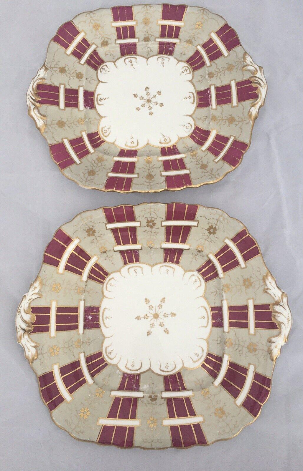 Pair Antique Porcelain Square Shaped Dessert Plates with Integral Handles Maroon Striped and Gilded Possibly Ridgway pattern 6709 circa 1840