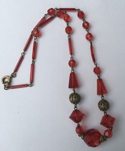 Antique Art Deco Ruby Red Glass and Filigree Beads Necklace Czechoslovakia Mark