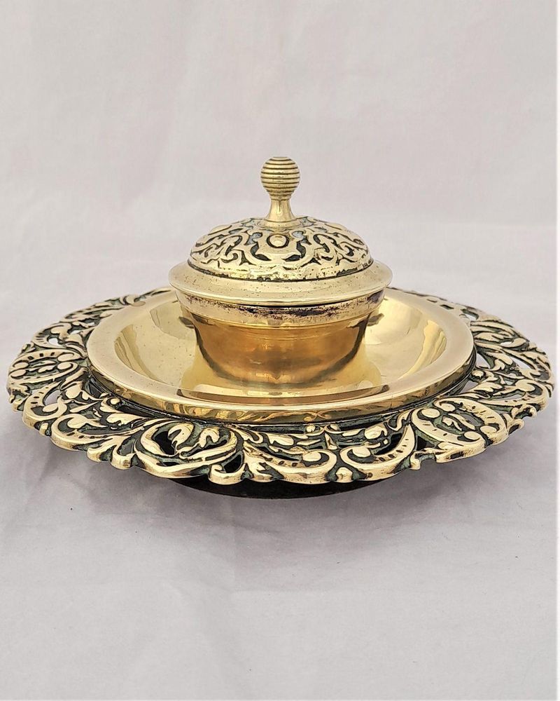 Antique neo rococo style brass hinged lidded inkwell with liner & pen stand cast rococo scroll decoration circa 1870