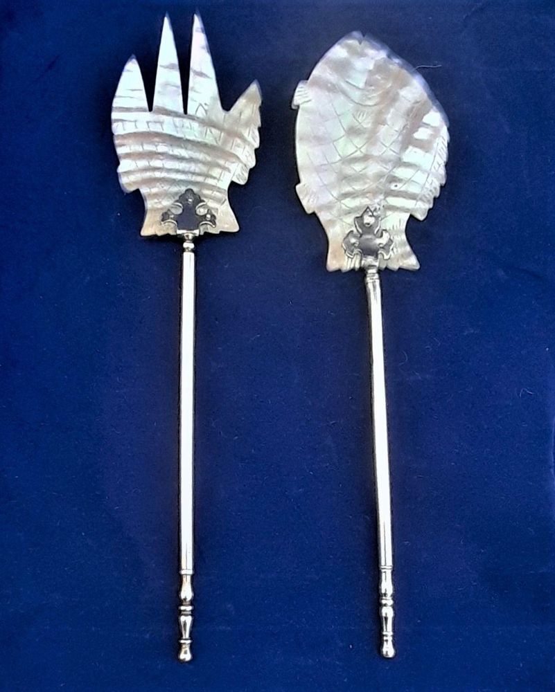 Palais Royal Mother of Pearl Fish Caviar or Salad servers with silver plated brass handles Antique French Grand Tour 1880