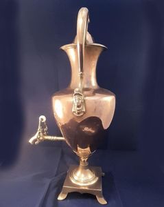 Georgian copper & brass hot water urn antique circa 1800 - Inverted baluster shaped half caryatid S loop handles flame knop finial Pedestal base 59 cm