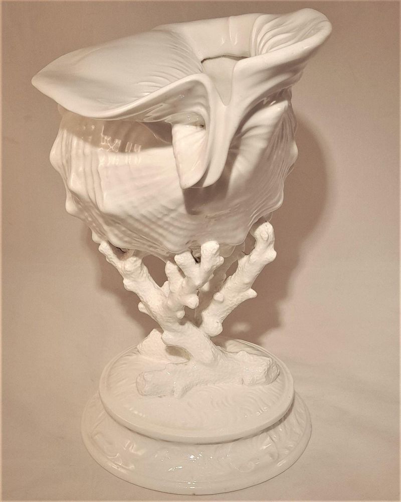 Antique Wedgwood White Porcelain Centrepiece - Fine Bone China Conch Shell sat Upon Coral on a round base - Victorian circa 1900 - 24.8 cm H 19 cm L