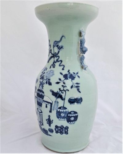 Antique Chinese Porcelain Celadon Ground Vase Blue & White Precious Things Lion Dog Handles baluster shape flared trumpet neck Qing dynasty late 19thC 42cm high 20.6 cm diameter 3.65 kg