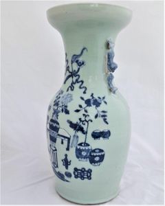 Antique Chinese Porcelain Celadon Ground Vase Blue & White Precious Things Lion Dog Handles baluster shape flared trumpet neck Qing dynasty late 19thC 42cm high 20.6 cm diameter 3.65 kg