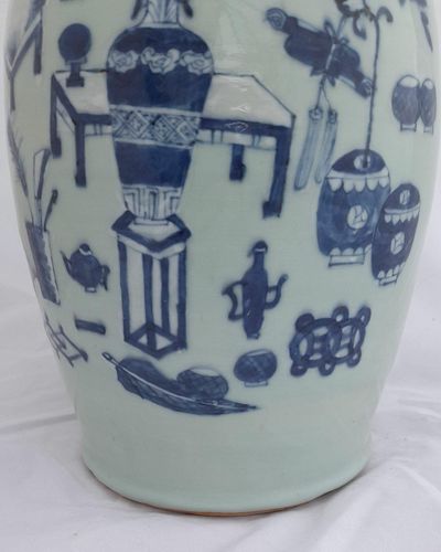 Antique Chinese Porcelain Celadon Ground Vase Blue & White Precious Things Lion Dog Handles baluster shape flared trumpet neck Qing dynasty late 19thC 42cm high 20.6 cm diameter 3.65 kg