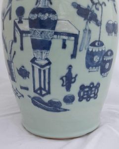 Antique Chinese Porcelain Celadon Ground Vase Blue & White Precious Things Lion Dog Handles baluster shape flared trumpet neck Qing dynasty late 19thC 42cm high 20.6 cm diameter 3.65 kg
