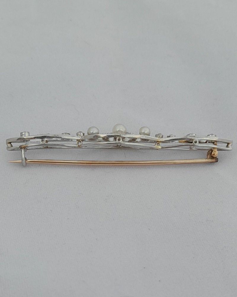 Antique Edwardian 18ct White and Yellow Gold Bar Brooch set with Diamonds  and Natural Pearls