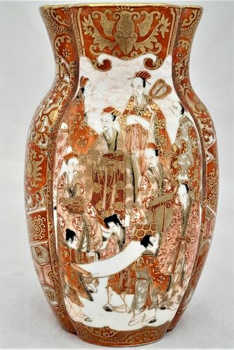 Antique Japanese Kutani Porcelain Vase decorated in iron red and enamel brocade - aka-e kinran-de made in the  Meiji period circa 1885 - signed Kaga San Pu Do - painted by Kasama Shuseki of  Kanazawa  in the Kaga Prefecture 15.2 cm high 9.2 cm wide weighs 370 grammes unpacked.