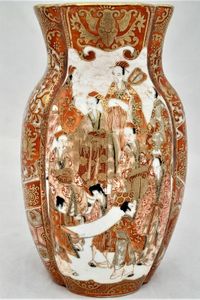 Antique Japanese Kutani Porcelain Vase decorated in iron red and enamel brocade - aka-e kinran-de made in the  Meiji period circa 1885 - signed Kaga San Pu Do - painted by Kasama Shuseki of  Kanazawa  in the Kaga Prefecture 15.2 cm high 9.2 cm wide weighs 370 grammes unpacked.