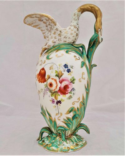 Antique Regency Daniel & Son Porcelain Swan lipped Vase Ewer or Jug Hand Painted Botanicals circa 1825. Made by Henry & Richard Daniel Shelton Staffordshire. 242mm high weighs 516 grammes unpacked.