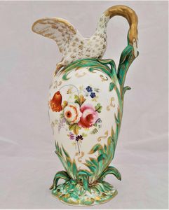 Antique Regency Daniel & Son Porcelain Swan lipped Vase Ewer or Jug Hand Painted Botanicals circa 1825. Made by Henry & Richard Daniel Shelton Staffordshire. 242mm high weighs 516 grammes unpacked.