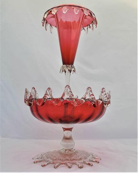 Antique Large Ruby Glass Table Centrepiece or Epergne Stand & Ruby Glass Trumpet circa 1880 - Applied crimped leaf & embossed daisy decoration 42cm High 2.4 kg
