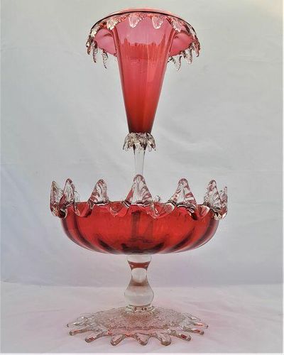 Antique Large Ruby Glass Table Centrepiece or Epergne Stand & Ruby Glass Trumpet circa 1880 - Applied crimped leaf & embossed daisy decoration 42cm High 2.4 kg