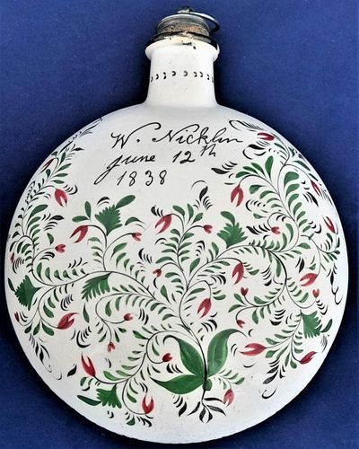 Pearlware Prattware Spirit Flask Inscribed W. Nicklin June 12th 1838 - Antique Pilgrim Flask high temperature underglaze colours green black & red