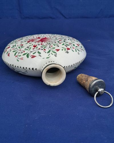 Pearlware Prattware Spirit Flask Inscribed W. Nicklin June 12th 1838 - Antique Pilgrim Flask high temperature underglaze colours green black & red