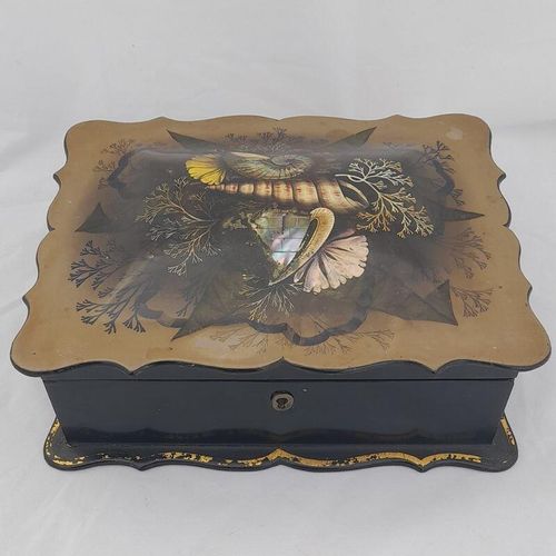 Top front - Papier Mache Jewellery Box scalloped rim & hand painted Shells Seaweed & kelp design with Inlaid Mother of Pearl - Antique Victorian Conchology c 1850