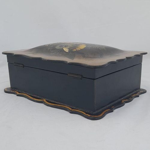 Back left - Papier Mache Jewellery Box scalloped rim & hand painted Shells Seaweed & kelp design with Inlaid Mother of Pearl - Antique Victorian Conchology c 1850