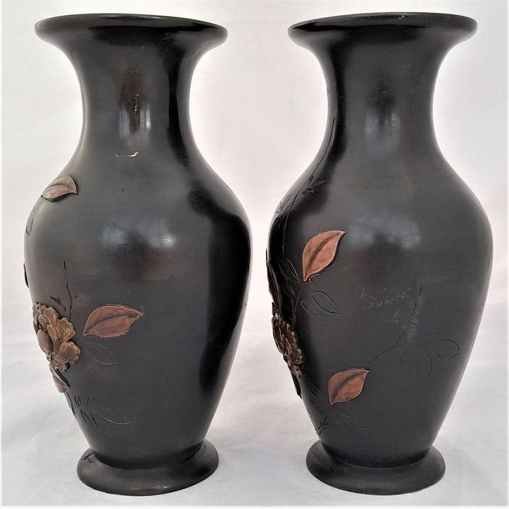 Right Back -Japanese Patinated Bronze Vases in Mixed Metal - Antique Meiji Period circa 1900 - inverted baluster decorated with rose flowers - Shakudo 18 cm high
