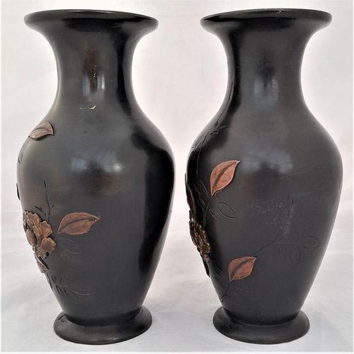 Right Back -Japanese Patinated Bronze Vases in Mixed Metal - Antique Meiji Period circa 1900 - inverted baluster decorated with rose flowers - Shakudo 18 cm high