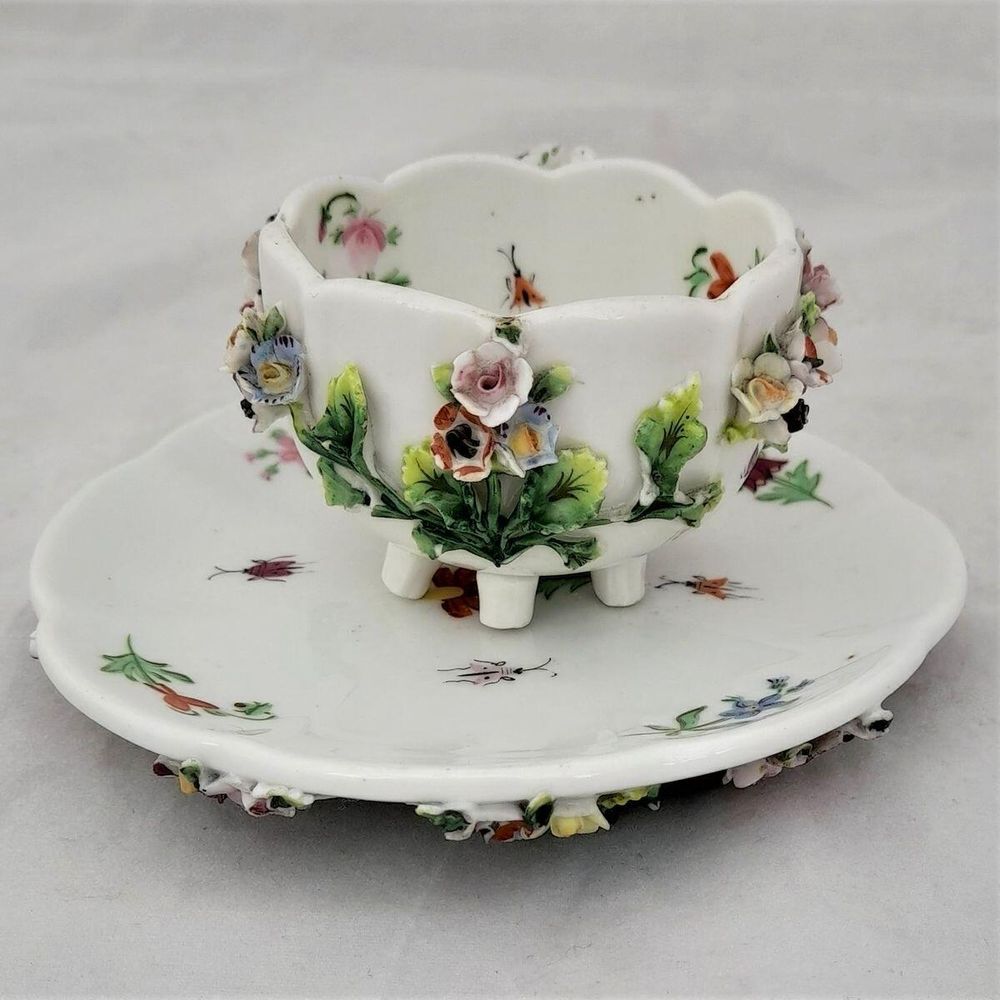 left  - Dresden porcelain cup & saucer applied flowers hand painted insects antique late 19th C - lobed shape on six stilt feet - Meissen style - monogram JR