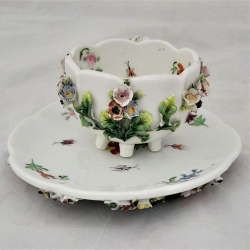 left  - Dresden porcelain cup & saucer applied flowers hand painted insects antique late 19th C - lobed shape on six stilt feet - Meissen style - monogram JR